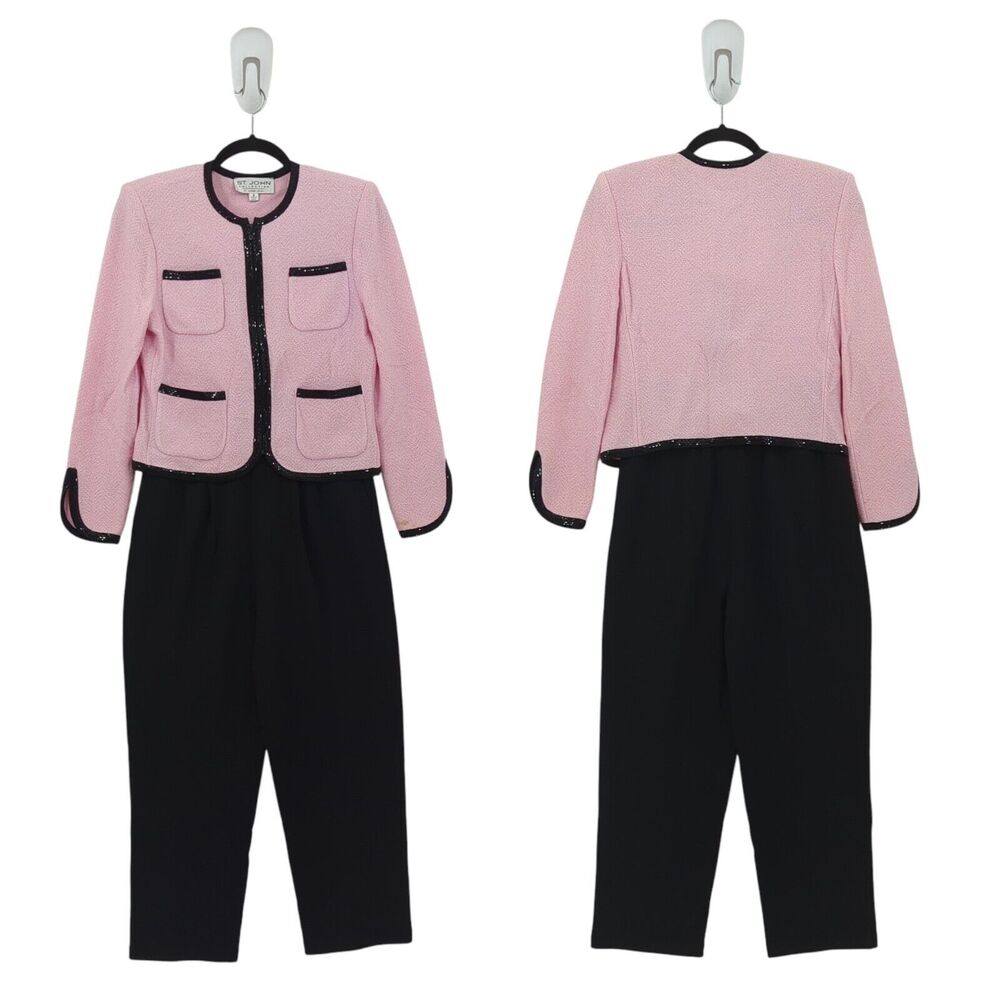 St John Women 2 Suit Set Pink Black Santana Knit Blazer Pants Pleated Paillettes